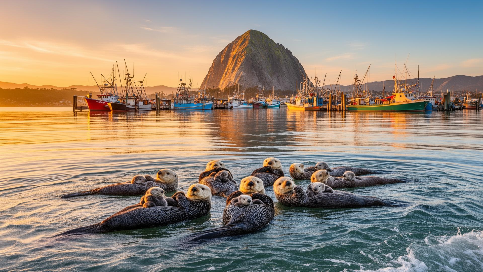 Morro Bay harbor with sea otter families and Morro Rock